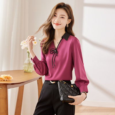 NAVIU 2023 Őszi új rózsa piros ing női csúcskategóriás divat V nyakú temperamentum alkalmi formális blúzok irodai női munkalapok fehér