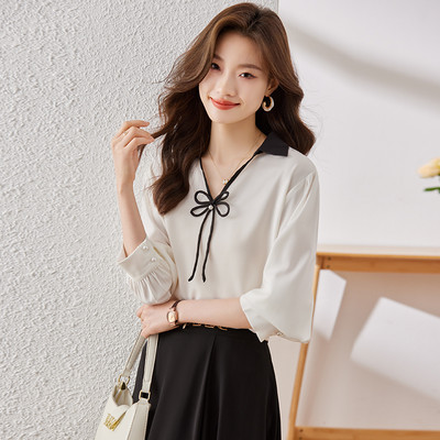 NAVIU 2023 Őszi új rózsa piros ing női csúcskategóriás divat V nyakú temperamentum alkalmi formális blúzok irodai női munkalapok fehér