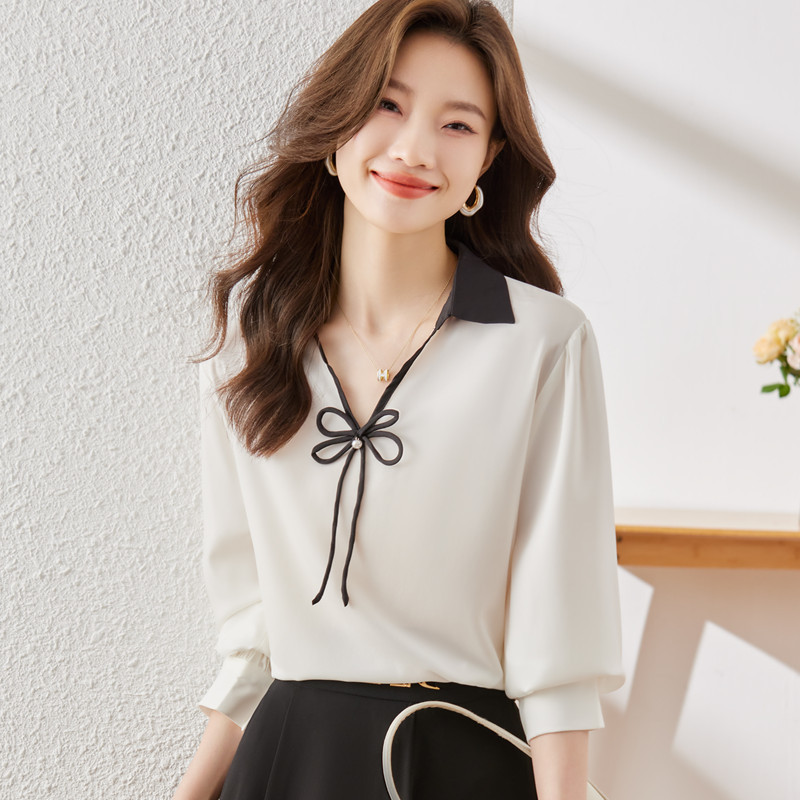 NAVIU 2023 Őszi új rózsa piros ing női csúcskategóriás divat V nyakú temperamentum alkalmi formális blúzok irodai női munkalapok fehér