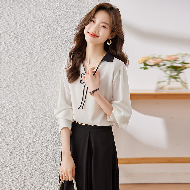 NAVIU 2023 Őszi új rózsa piros ing női csúcskategóriás divat V nyakú temperamentum alkalmi formális blúzok irodai női munkalapok fehér