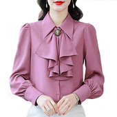 2024. gada jauns, elegants, satīna krekls, pavasara tauriņi, volāni, topi ar garām piedurknēm, vienrindas nodarbošanās OL blūze