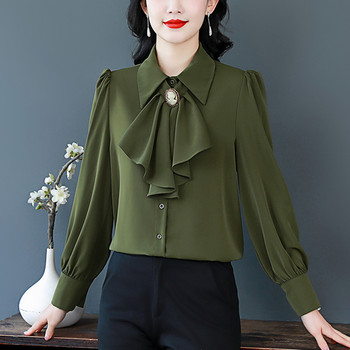2024 Нова елегантна модна сатенена риза Пролетна блуза с волани с бантик и дълги ръкави, едноредна професия OL Блуза