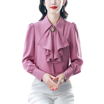 2024 Нова елегантна модна сатенена риза Пролетна блуза с волани с бантик и дълги ръкави, едноредна професия OL Блуза