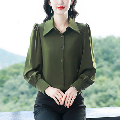 2024. gada jauns, elegants, satīna krekls, pavasara tauriņi, volāni, topi ar garām piedurknēm, vienrindas nodarbošanās OL blūze