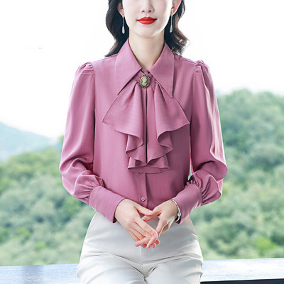 2024. gada jauns, elegants, satīna krekls, pavasara tauriņi, volāni, topi ar garām piedurknēm, vienrindas nodarbošanās OL blūze