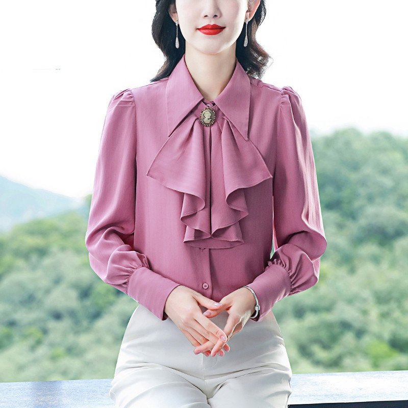 2024. gada jauns, elegants, satīna krekls, pavasara tauriņi, volāni, topi ar garām piedurknēm, vienrindas nodarbošanās OL blūze