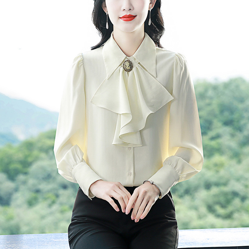 2024. gada jauns, elegants, satīna krekls, pavasara tauriņi, volāni, topi ar garām piedurknēm, vienrindas nodarbošanās OL blūze