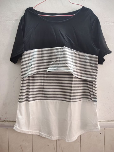 Terhes nők szoptató póló Kismama Nyári Rövid ujjú Nyakú pólók Csíkos szoptatási póló Alkalmi