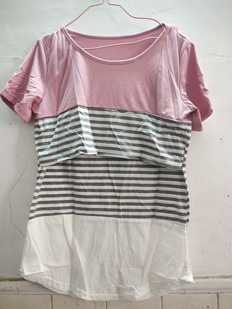 Terhes nők szoptató póló Kismama Nyári Rövid ujjú Nyakú pólók Csíkos szoptatási póló Alkalmi