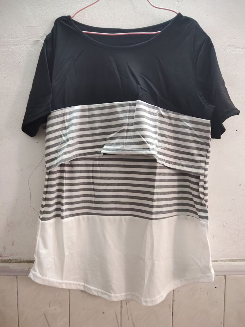 Terhes nők szoptató póló Kismama Nyári Rövid ujjú Nyakú pólók Csíkos szoptatási póló Alkalmi