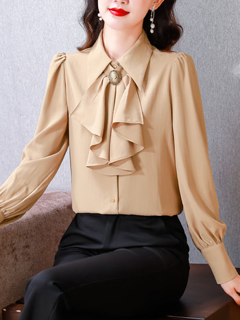 Елегантна модна панделка с панделка OL топове 2024 Пролетна шифонена риза с дълги ръкави Едноредна дамска блуза