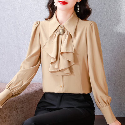 Elegantne moodne lint Bowknot OL topsid 2024 kevad pikkade varrukatega šifoonsärk Üherealine naiste pluus