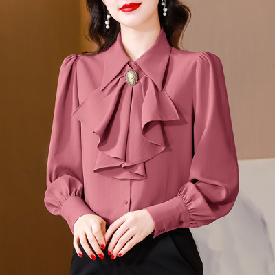 Elegantne moodne lint Bowknot OL topsid 2024 kevad pikkade varrukatega šifoonsärk Üherealine naiste pluus