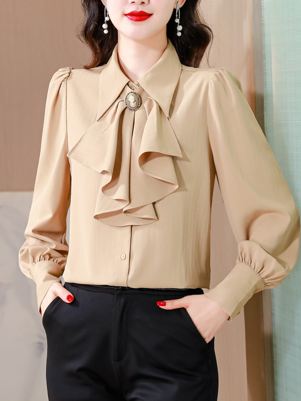 Elegantne moodne lint Bowknot OL topsid 2024 kevad pikkade varrukatega šifoonsärk Üherealine naiste pluus