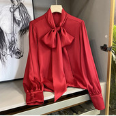 Eiropa 2023 pavasara elegants apkakles lentes bantīti smags sievišķīgs krekls