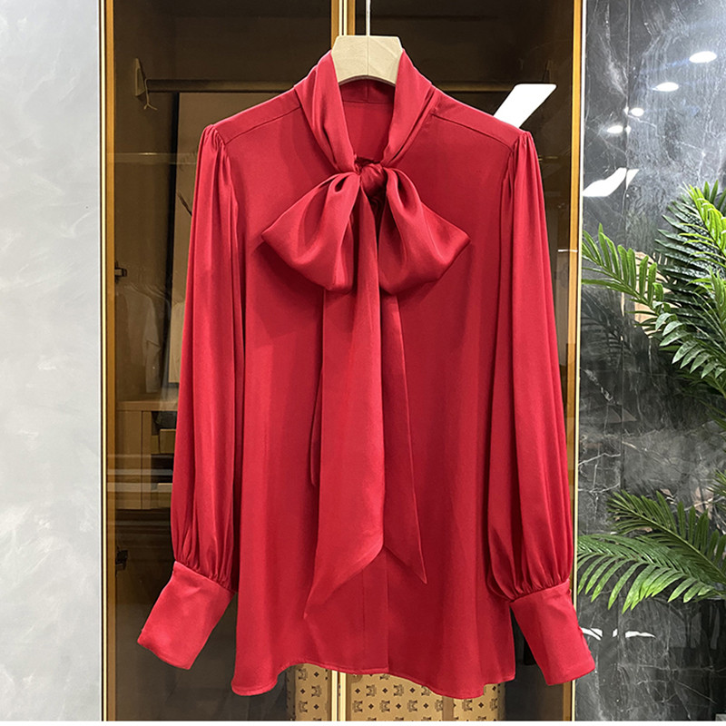 Eiropa 2023 pavasara elegants apkakles lentes bantīti smags sievišķīgs krekls