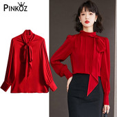 Pinkoz skrejceļa dizainere stilīga sarkana statīvs apkakle tauriņš ar garām piedurknēm sarkana blūze sievietēm pavasara vasara OL modes apģērbi vintage