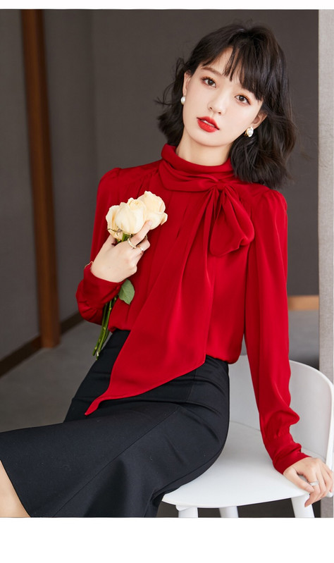 Pinkoz skrejceļa dizainere stilīga sarkana statīvs apkakle tauriņš ar garām piedurknēm sarkana blūze sievietēm pavasara vasara OL modes apģērbi vintage