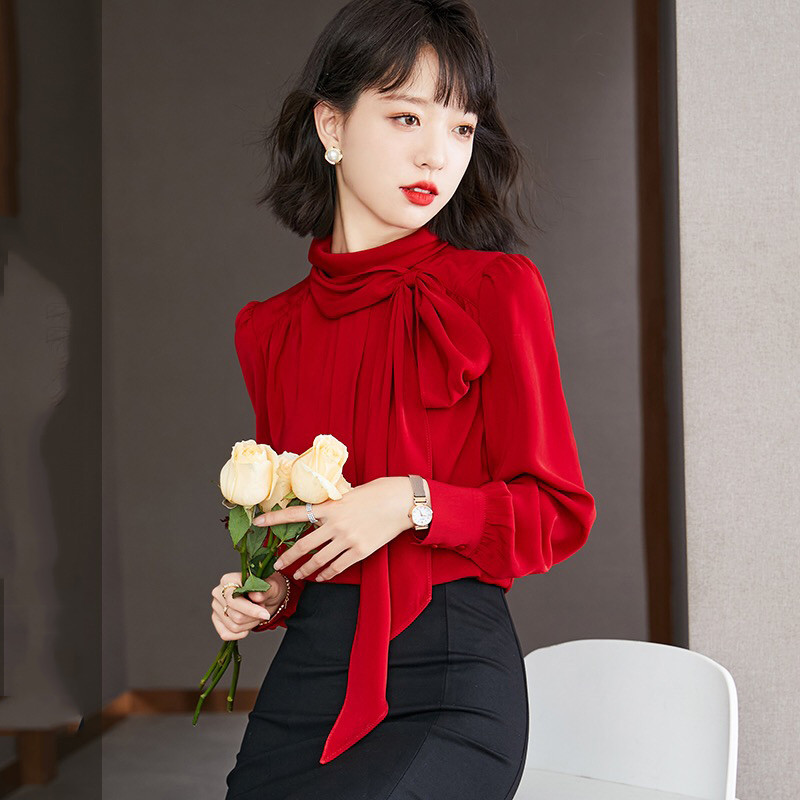 Pinkoz skrejceļa dizainere stilīga sarkana statīvs apkakle tauriņš ar garām piedurknēm sarkana blūze sievietēm pavasara vasara OL modes apģērbi vintage