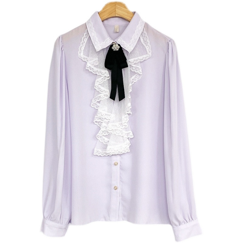 Sweet Bowknot Sieviešu krekls Nolaižama apkakle Volāns Biroja sieviešu topi ar garām piedurknēm Šifona blūze Blusa