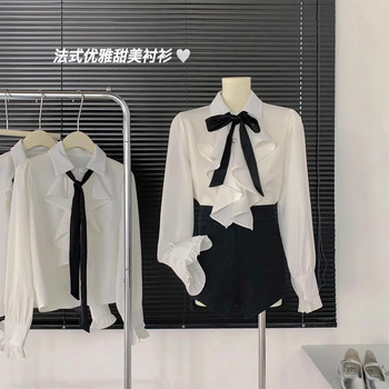 2023 Пролет Нова дамска бяла риза Папийонка Сатенена блуза с волани Едноредно работно облекло OL Топове Blusa