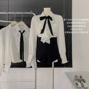 2023 Пролет Нова дамска бяла риза Папийонка Сатенена блуза с волани Едноредно работно облекло OL Топове Blusa