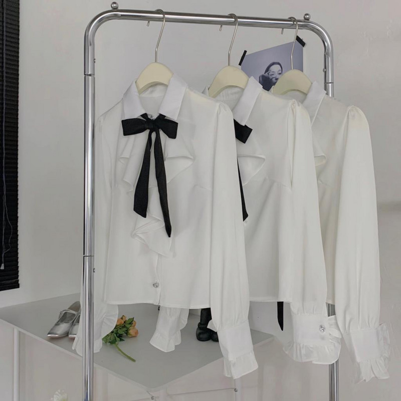 2023. aasta kevad, uued naised valge särk Kikilips Ruffle satiin pluus Üherealine tööriided OL Tops Blusa