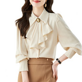 2024. gada pavasara Bowknot sieviešu balts krekls, nolaižama apkakle OL topi Eleganti, modes nodarbošanās, šifona blūze ar garām piedurknēm