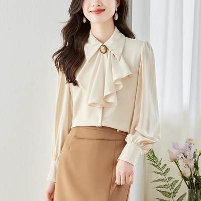 2024. gada pavasara Bowknot sieviešu balts krekls, nolaižama apkakle OL topi Eleganti, modes nodarbošanās, šifona blūze ar garām piedurknēm