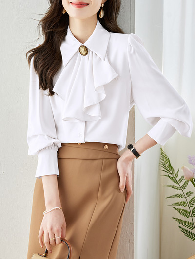 2024. gada pavasara Bowknot sieviešu balts krekls, nolaižama apkakle OL topi Eleganti, modes nodarbošanās, šifona blūze ar garām piedurknēm