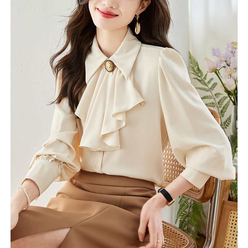 2024. gada pavasara Bowknot sieviešu balts krekls, nolaižama apkakle OL topi Eleganti, modes nodarbošanās, šifona blūze ar garām piedurknēm