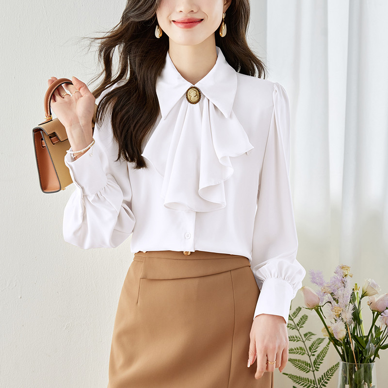 2024. gada pavasara Bowknot sieviešu balts krekls, nolaižama apkakle OL topi Eleganti, modes nodarbošanās, šifona blūze ar garām piedurknēm