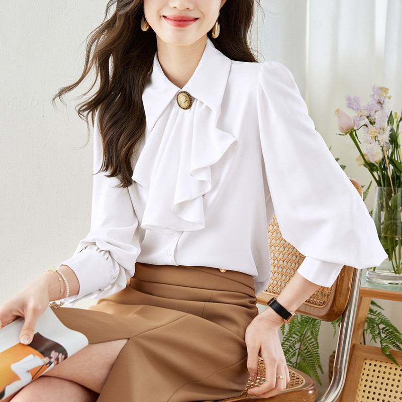 2024. gada pavasara Bowknot sieviešu balts krekls, nolaižama apkakle OL topi Eleganti, modes nodarbošanās, šifona blūze ar garām piedurknēm