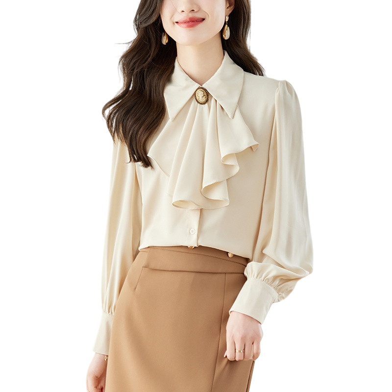 2024. gada pavasara Bowknot sieviešu balts krekls, nolaižama apkakle OL topi Eleganti, modes nodarbošanās, šifona blūze ar garām piedurknēm