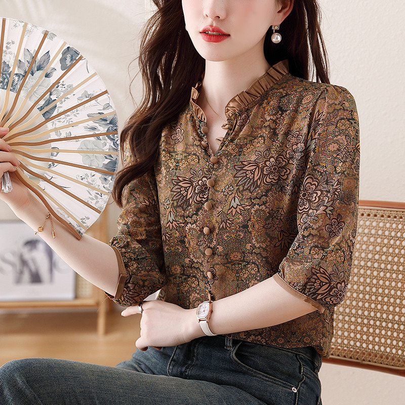 Retro krekls ar ziedu apdruku Ikdienišķs krekls ar puspiedurknēm lotosa lapu apkakle Sieviešu tops pavasara vasaras džemperi Blūze