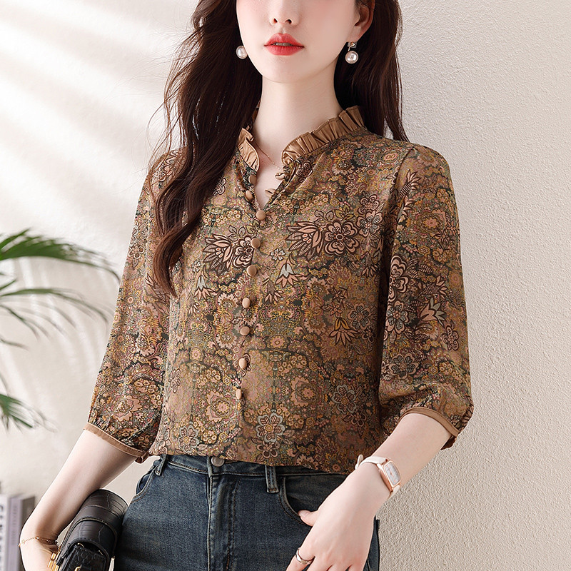 Retro krekls ar ziedu apdruku Ikdienišķs krekls ar puspiedurknēm lotosa lapu apkakle Sieviešu tops pavasara vasaras džemperi Blūze