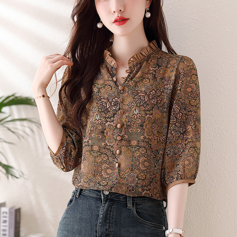 Retro krekls ar ziedu apdruku Ikdienišķs krekls ar puspiedurknēm lotosa lapu apkakle Sieviešu tops pavasara vasaras džemperi Blūze