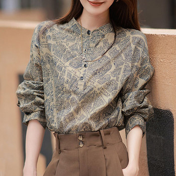 Винтидж щампована риза Пролет Есен Пуловери с дълъг ръкав Блуза Модни свободни дамски горнища