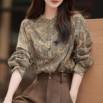 Vintage nyomott ing tavaszi őszi hosszú ujjú pulóverek blúz divat bő női felsők