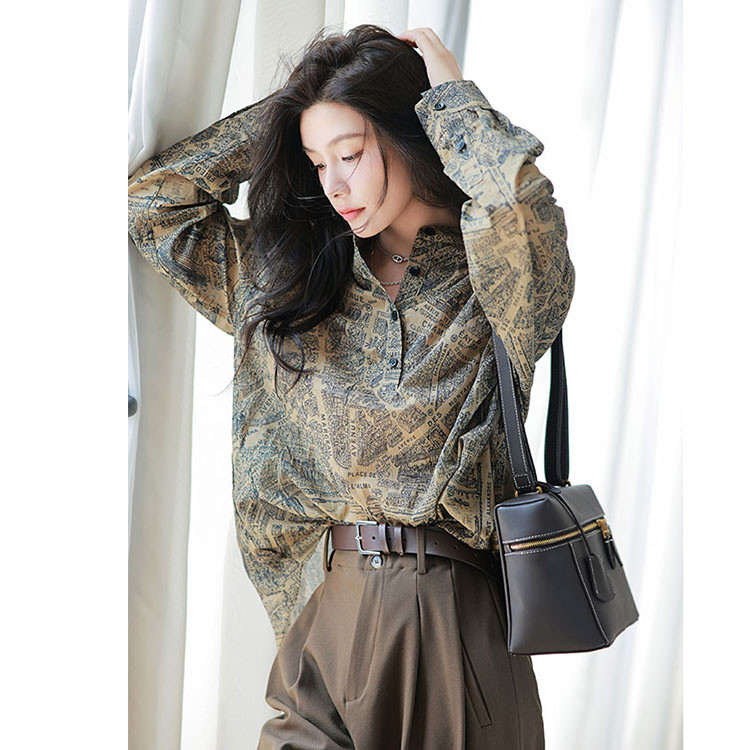 Vintage nyomott ing tavaszi őszi hosszú ujjú pulóverek blúz divat bő női felsők