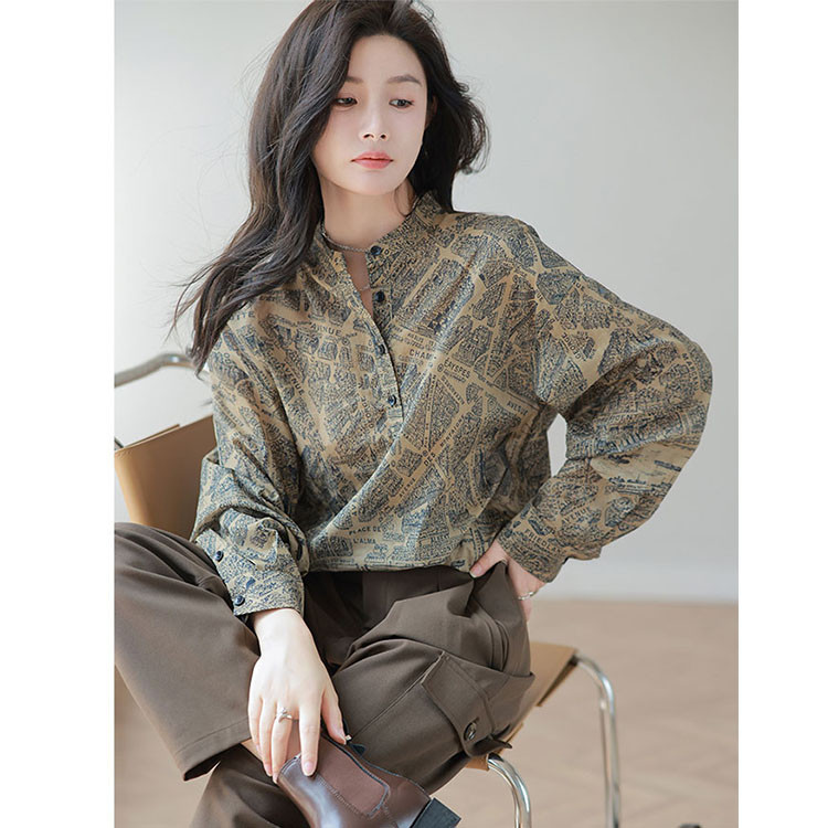 Vintage nyomott ing tavaszi őszi hosszú ujjú pulóverek blúz divat bő női felsők