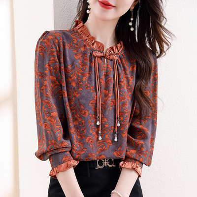 M-3XL Elegáns divat, virágmintás felsők tavaszi ősz női blúz, hosszú ujjú gyöngyös OL ing
