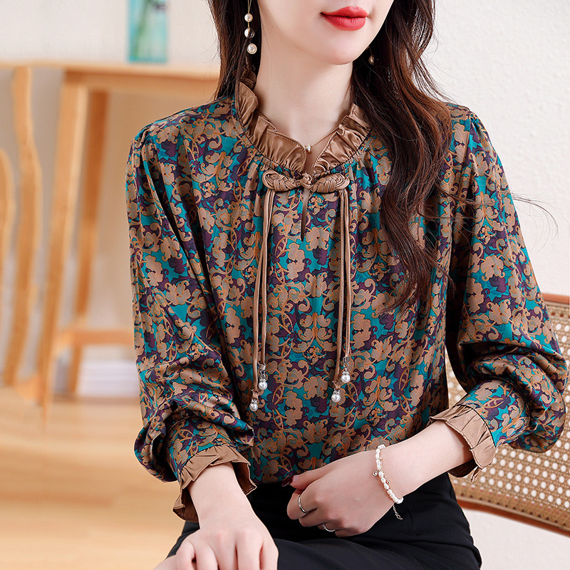 M-3XL Elegáns divat, virágmintás felsők tavaszi ősz női blúz, hosszú ujjú gyöngyös OL ing