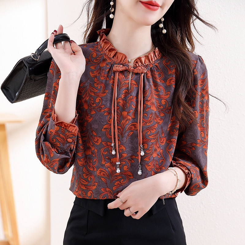 M-3XL Elegáns divat, virágmintás felsők tavaszi ősz női blúz, hosszú ujjú gyöngyös OL ing