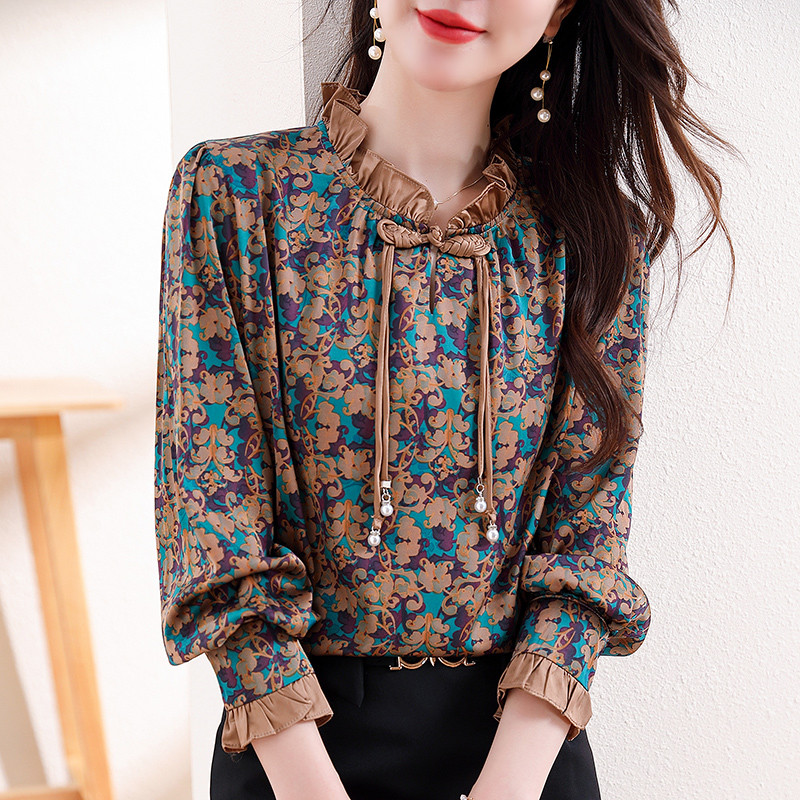 M-3XL Elegáns divat, virágmintás felsők tavaszi ősz női blúz, hosszú ujjú gyöngyös OL ing