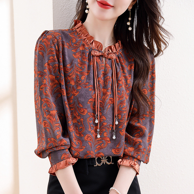 M-3XL Elegáns divat, virágmintás felsők tavaszi ősz női blúz, hosszú ujjú gyöngyös OL ing
