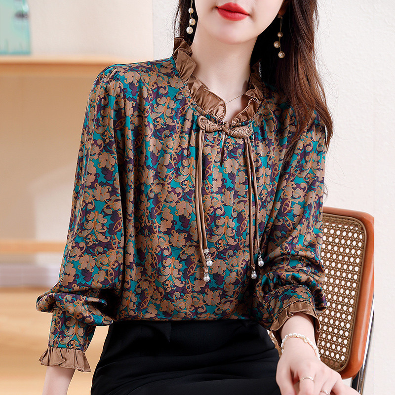 M-3XL Elegáns divat, virágmintás felsők tavaszi ősz női blúz, hosszú ujjú gyöngyös OL ing