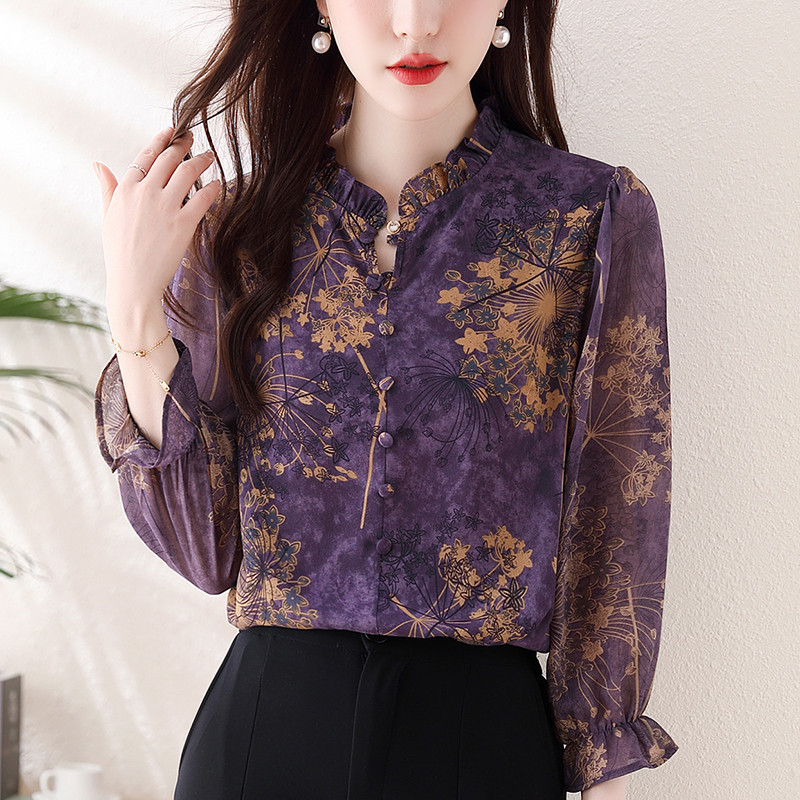 Kevadsuvi lilledega trükitud topid Uued retro pulloverid pluus, volangiga krae nööp vabaaja särk