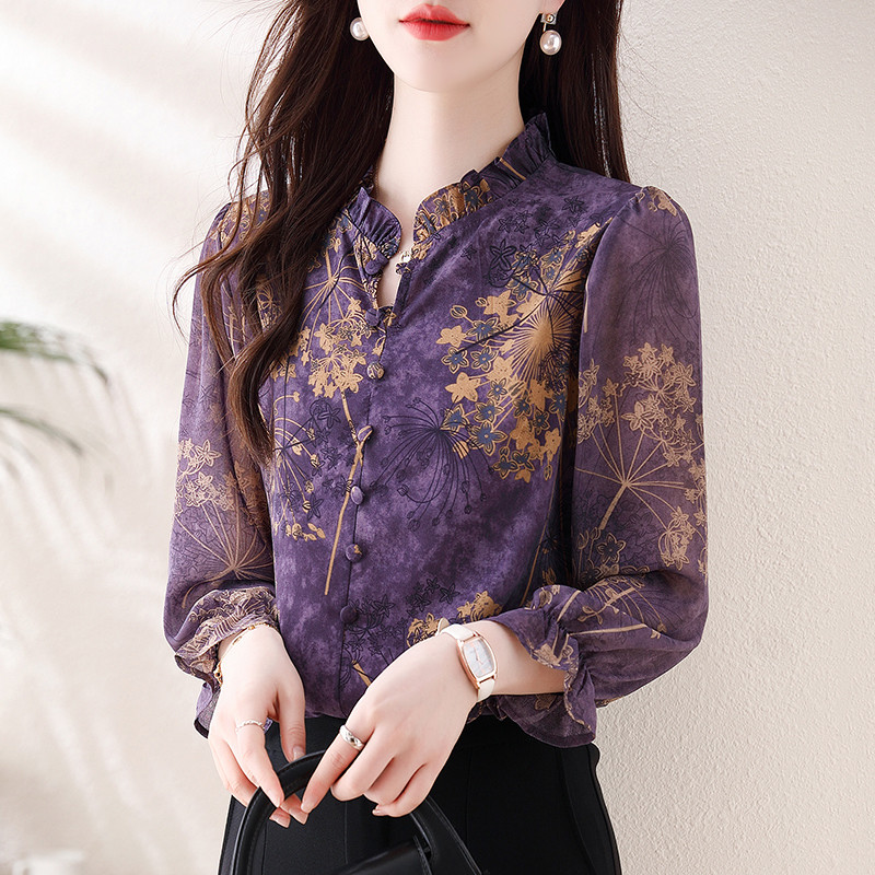 Kevadsuvi lilledega trükitud topid Uued retro pulloverid pluus, volangiga krae nööp vabaaja särk