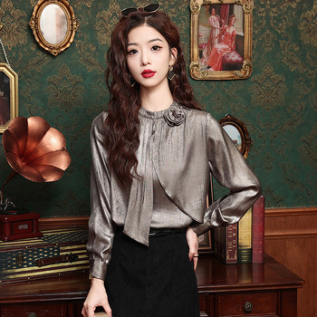 Пролетна мода 2024 г. Нова дамска риза със стояща яка OL Професионални топове Копринена сатенена блуза с дълги ръкави
